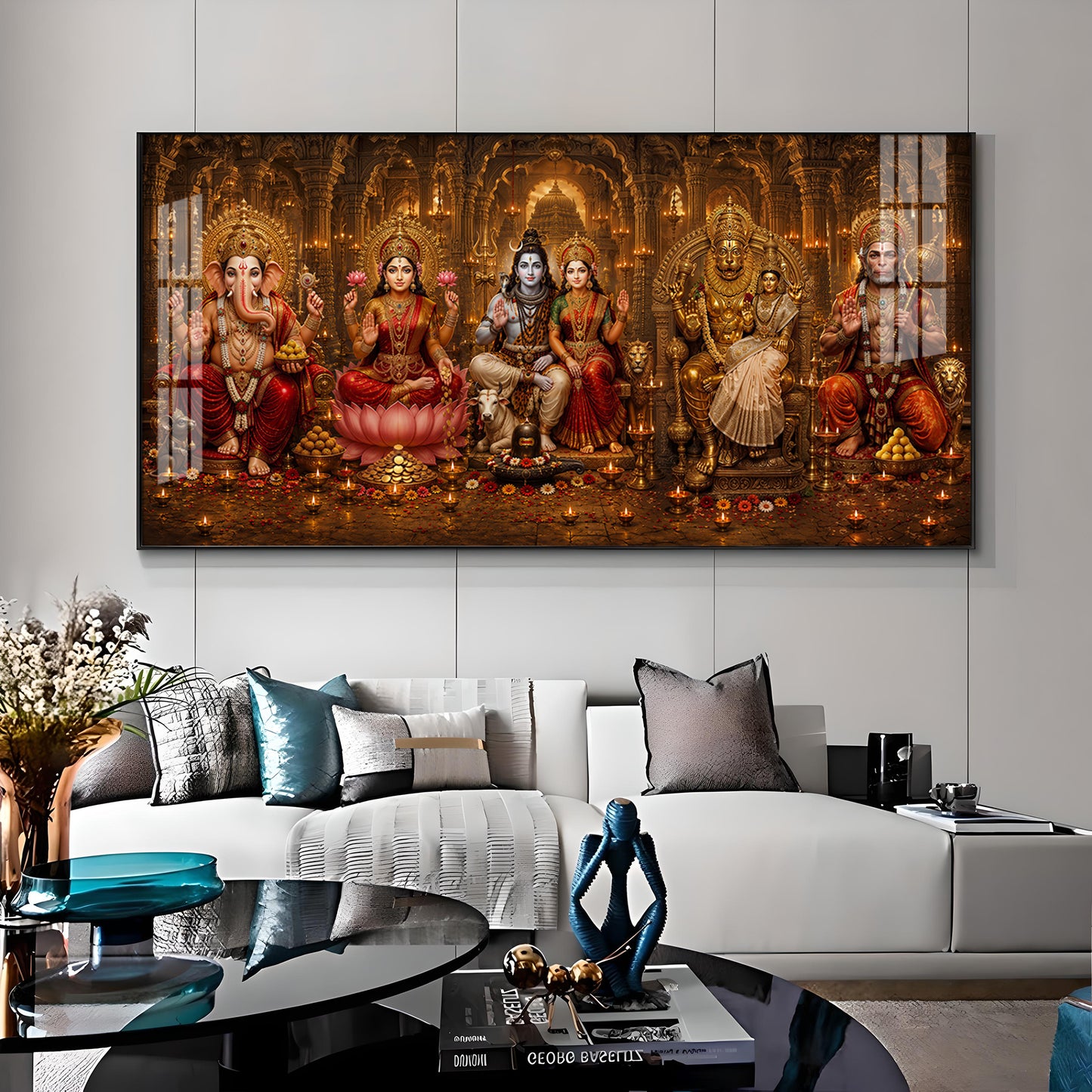 Ganesha, Lakshmi, Shiv Parvati, Narsing Dev,& Hanuman Ji Premium Acrylic Horizontal Wall Art