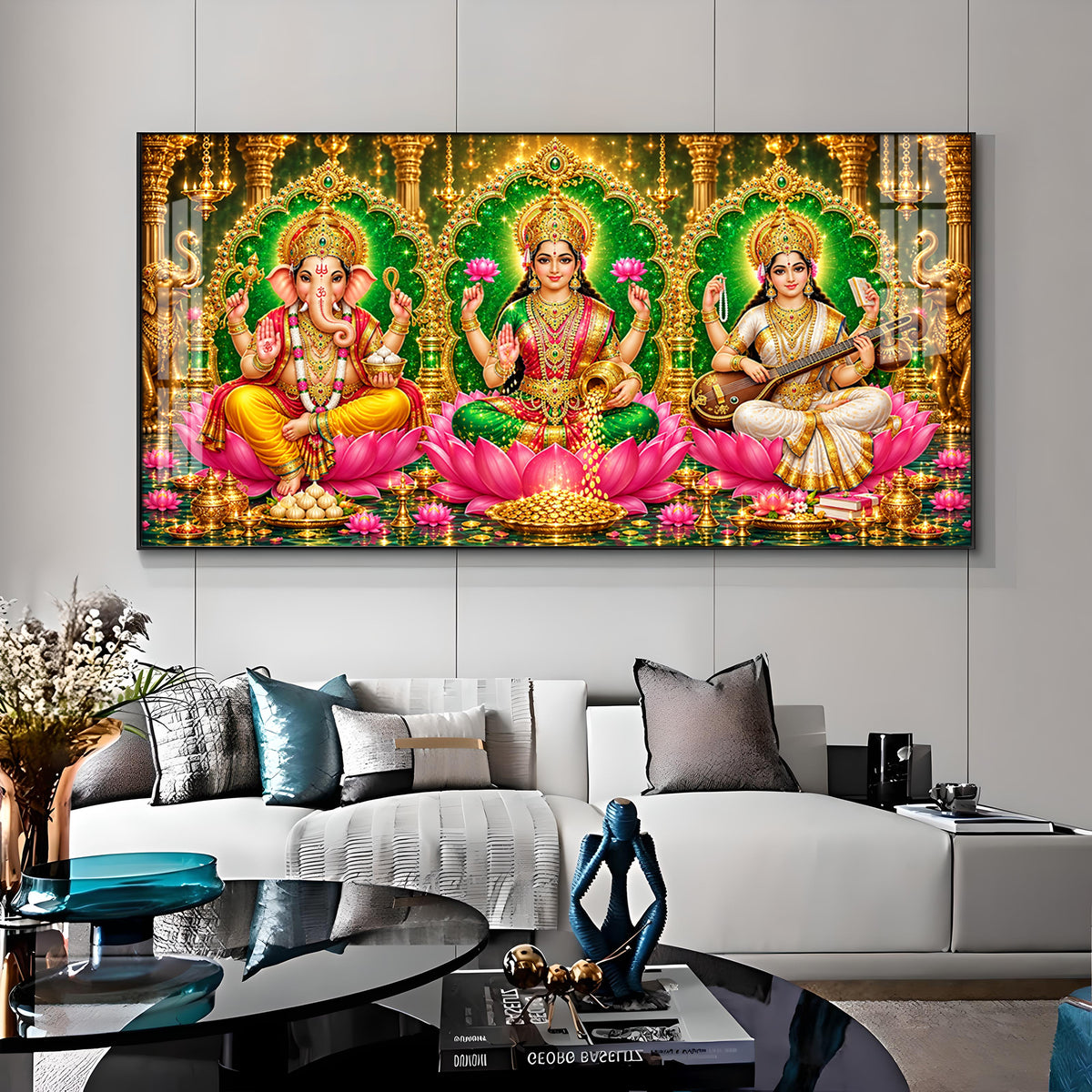 Maa Lakshmi, Ganesha Ji & Saraswati Premium Acrylic Horizontal Wall Art