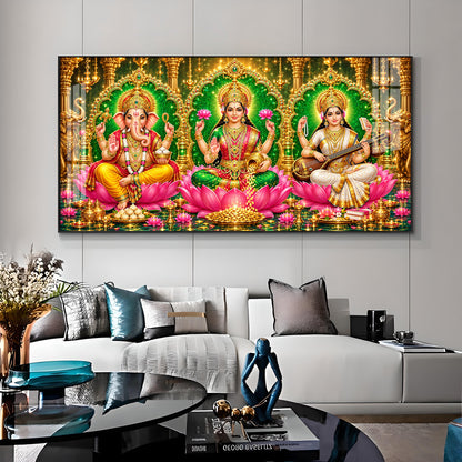 Maa Lakshmi, Ganesha Ji & Saraswati Premium Acrylic Horizontal Wall Art