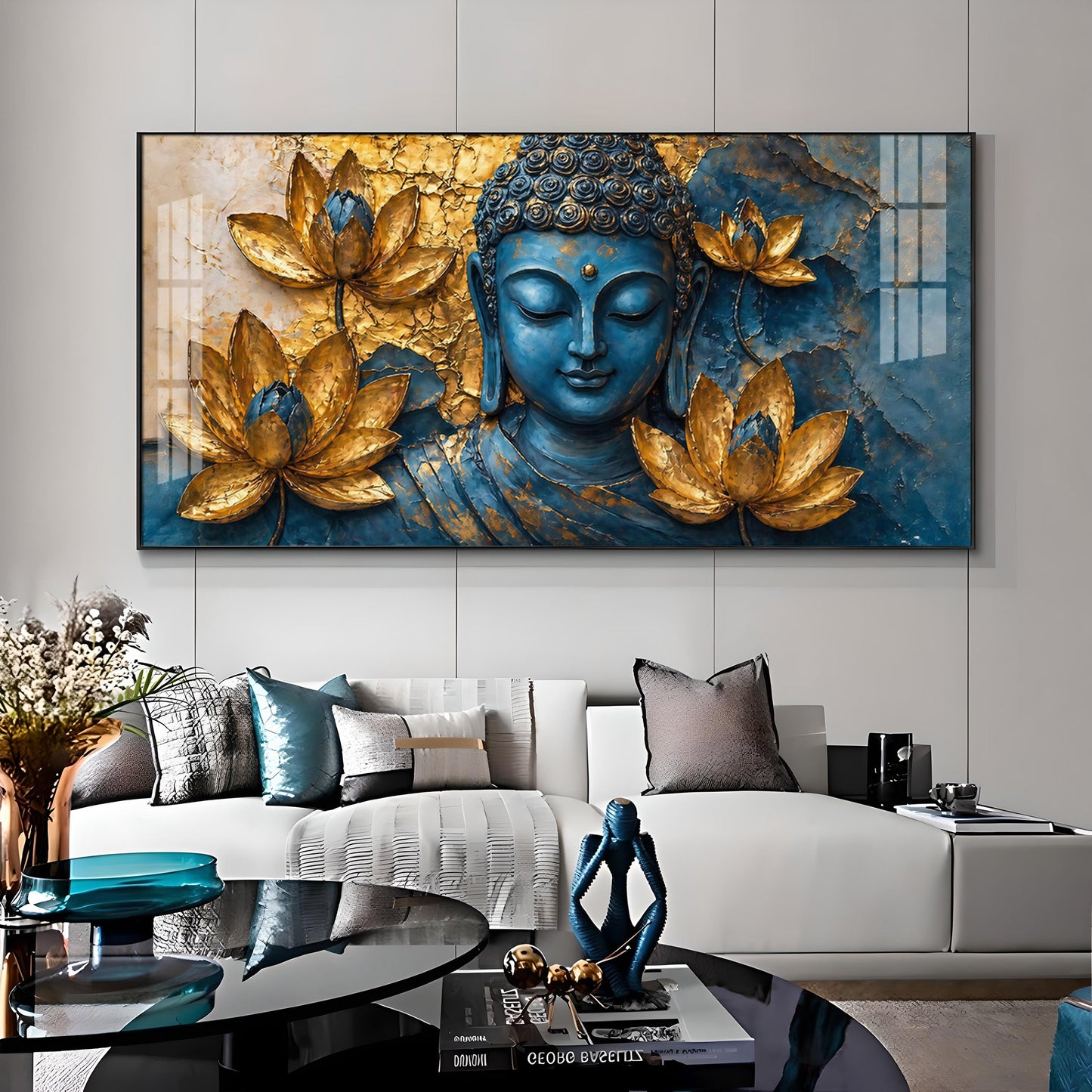 Lord Buddha Surrounded With Lotus Flowers Premium Acrylic Horizontal Wall Art