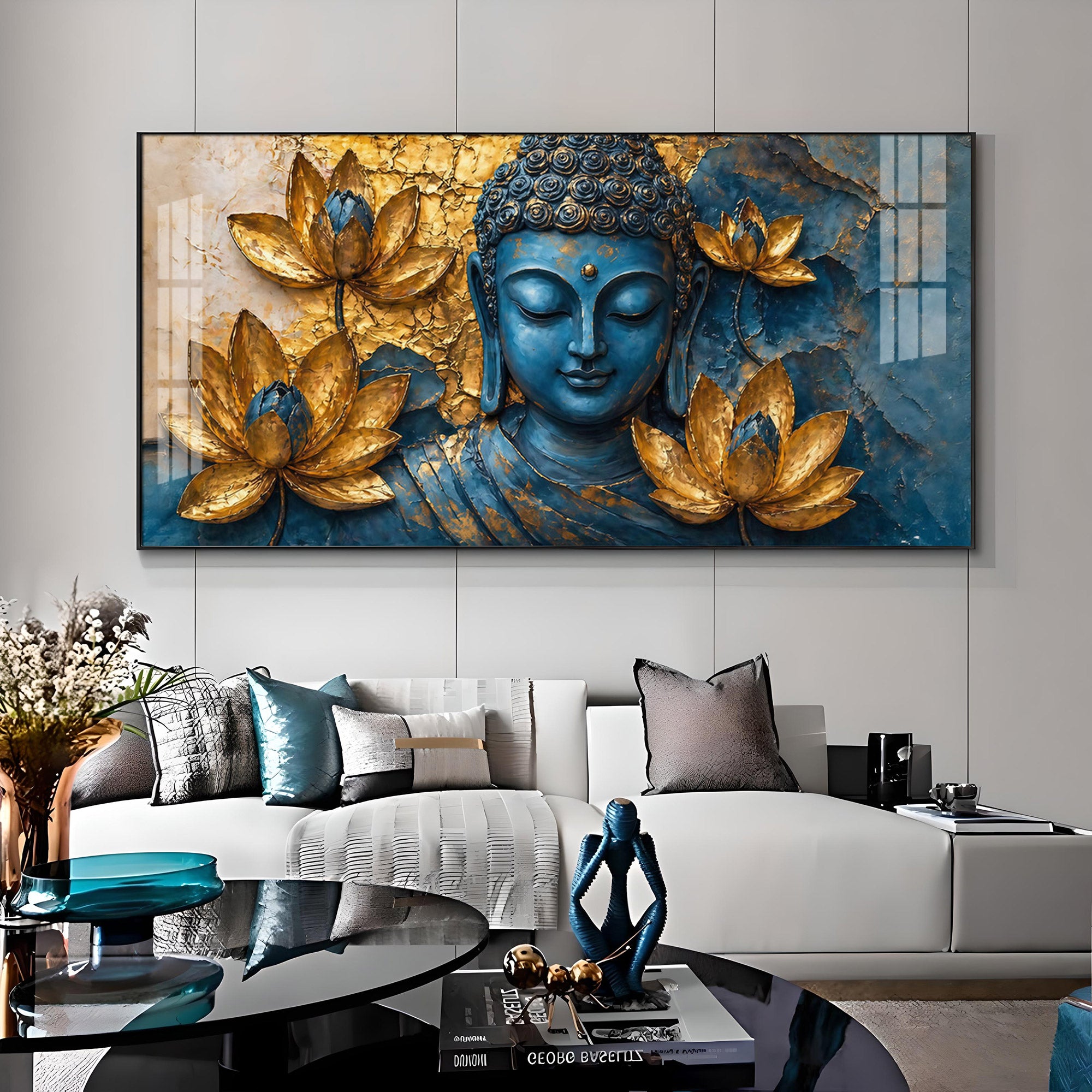 Lord Buddha Surrounded With Lotus Flowers Premium Acrylic Horizontal Wall Art