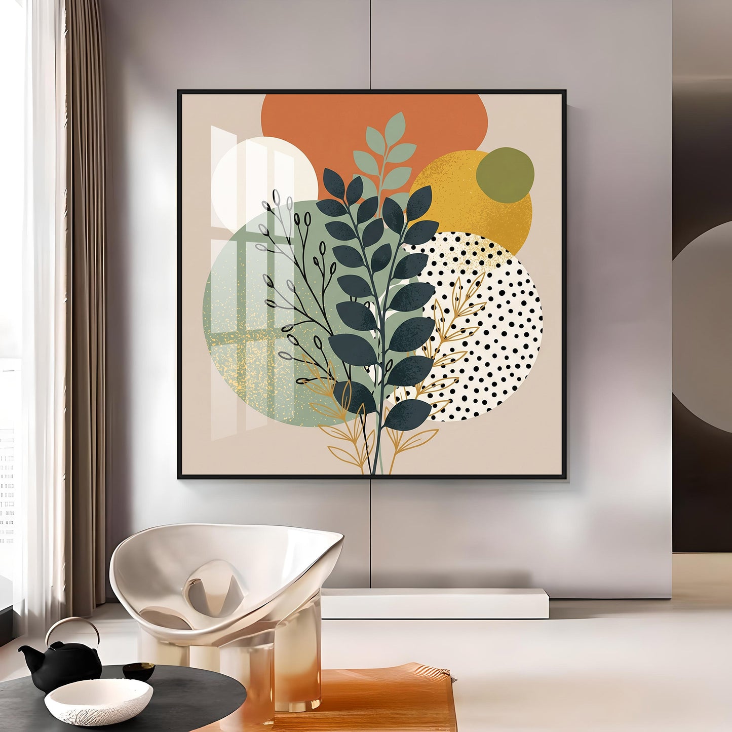 Leafy Branches Geometric Shapes Premium Acrylic Square Wall Art
