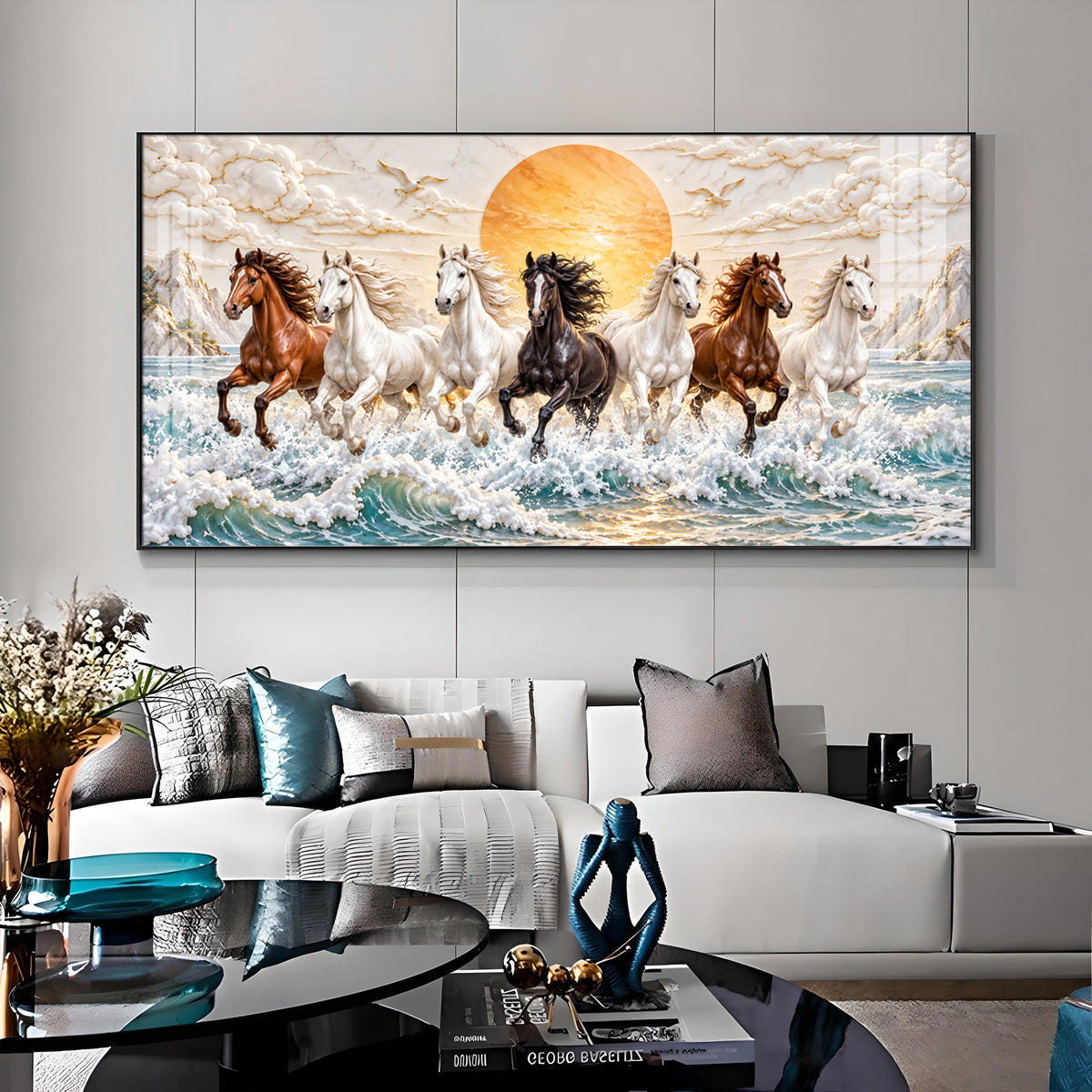 Majestic Colorful Seven Horses Premium Acrylic Horizontal Wall Art