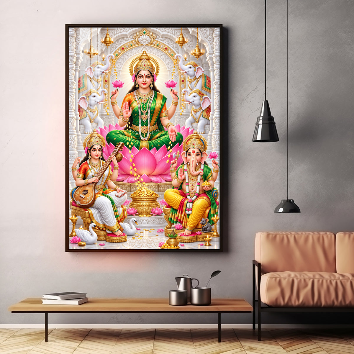 Gajalakshmi Saraswati Ganesha  Premium Acrylic Vertical Wall Art