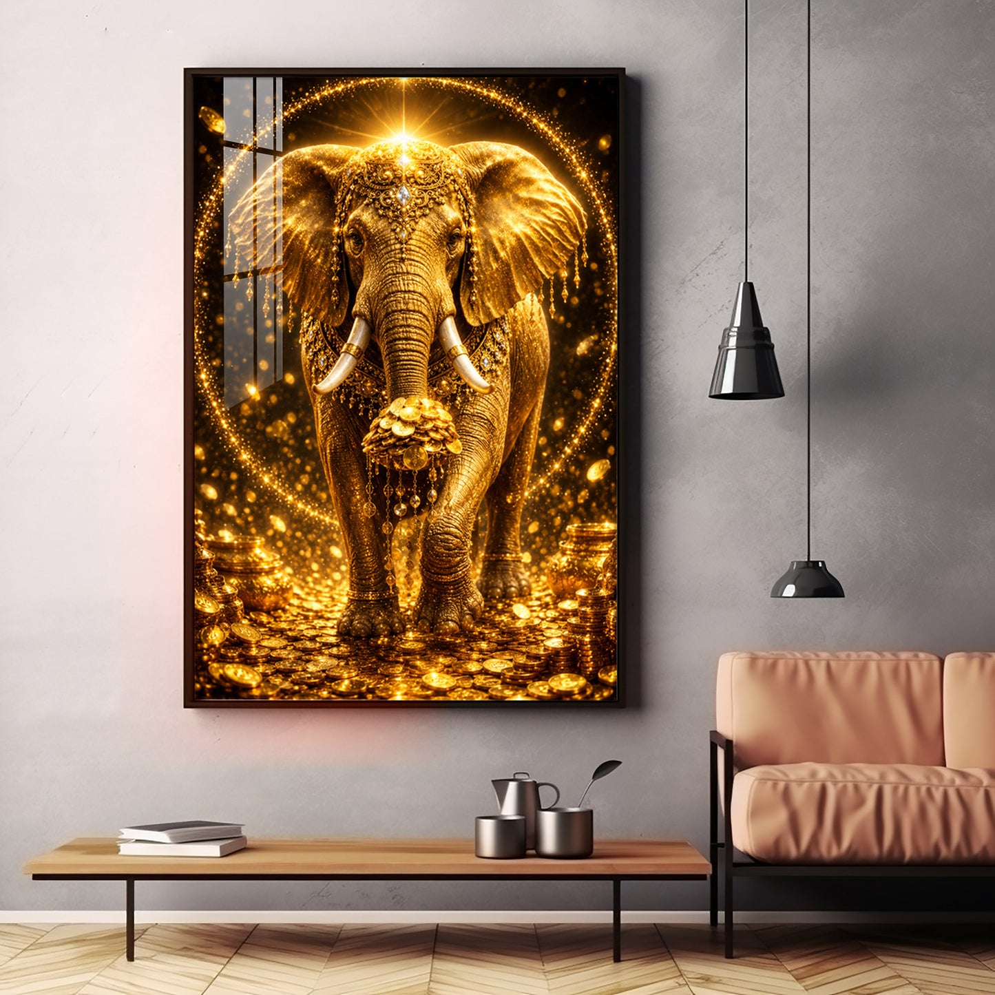 Golden Elephant Premium Acrylic Vertical Wall Art