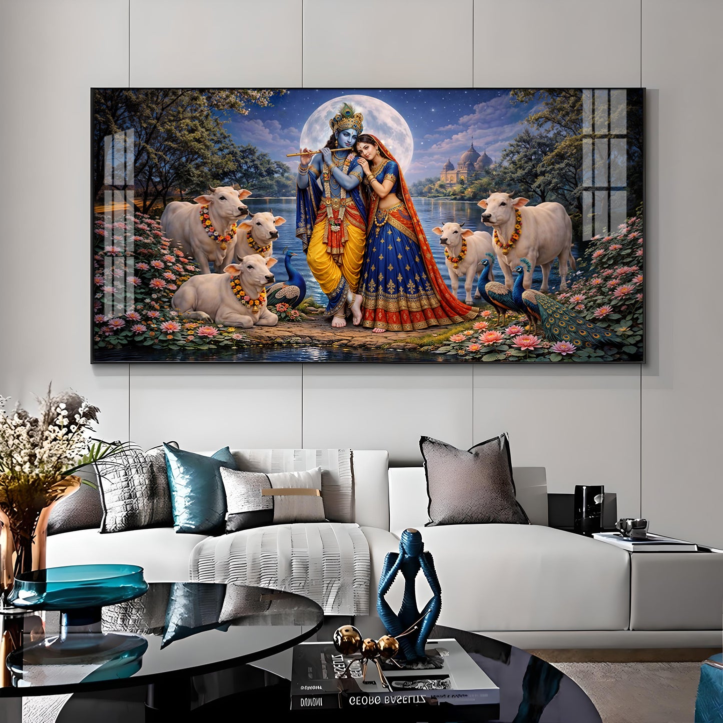Shri Radha Krishna With Cow Premium Acrylic Horizontal Wall Art