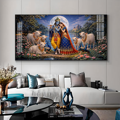 Shri Radha Krishna With Cow Premium Acrylic Horizontal Wall Art