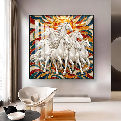 Seven Galloping White Horses Premium Acrylic Square Wall Art