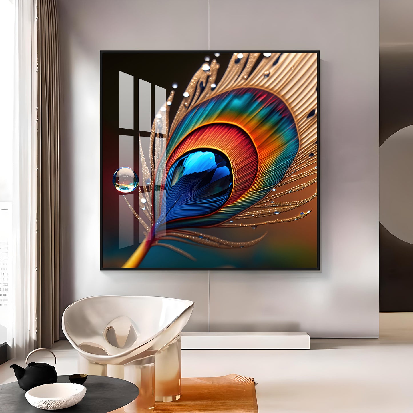 Vibrant Color Peacock Feather Premium Square Vertical Wall Art