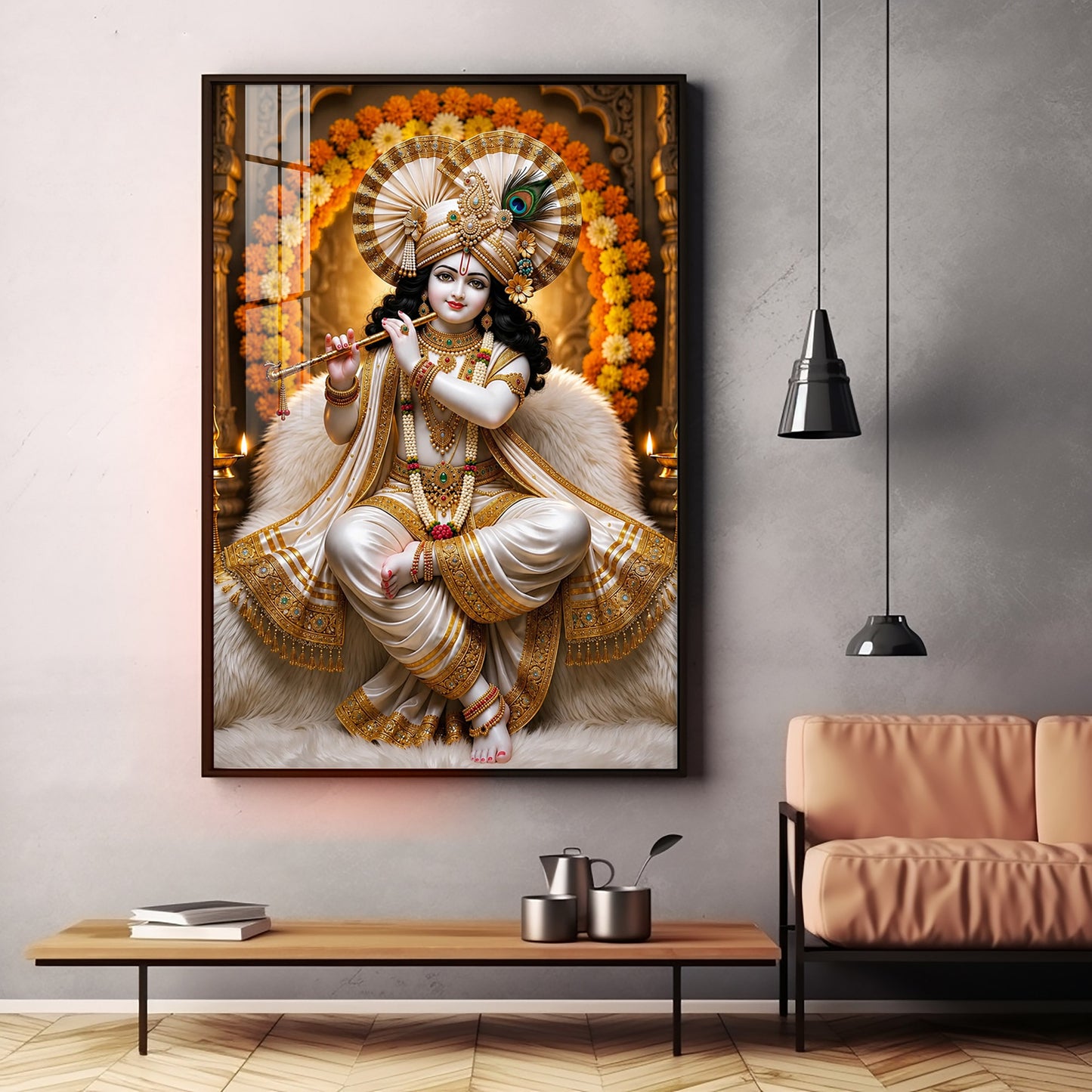 Beautiful Lord Krishna Playing The Flute Premium Acrylic Vertical Wall Art