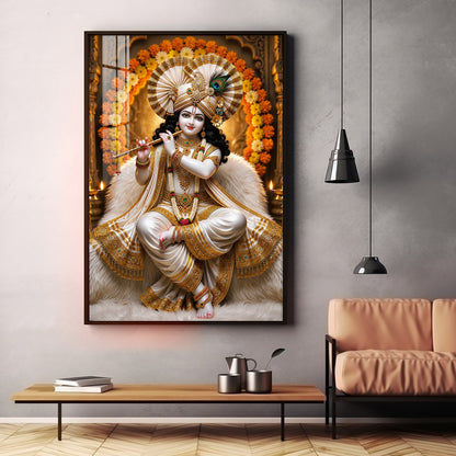 Beautiful Lord Krishna Playing The Flute Premium Acrylic Vertical Wall Art