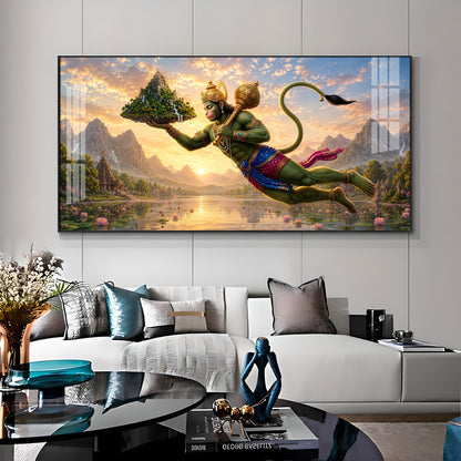 Lord Hanuman Carrying Sanjeevani Mountain Premium Acrylic Horizontal Wall Art