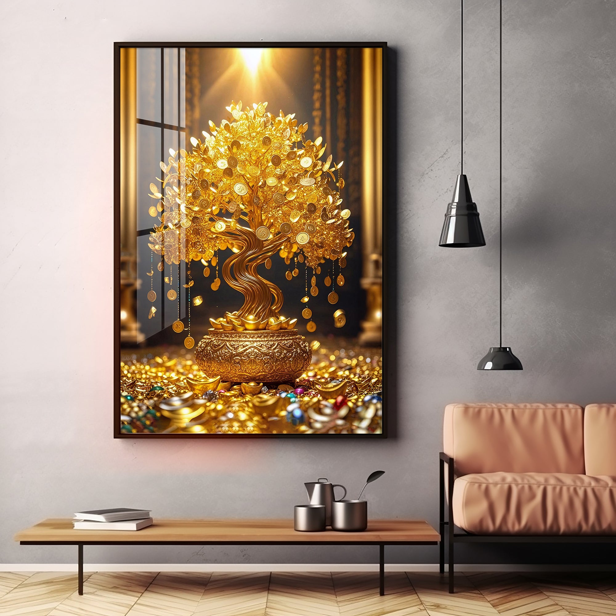Golden Money Tree Premium Acrylic Vertical Wall Art