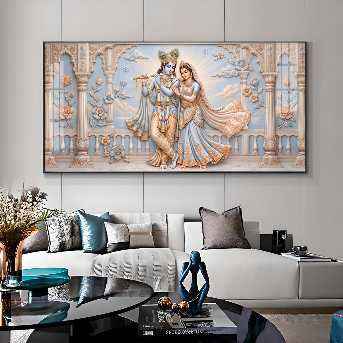Krishna Playing The Flute Beside Radha Premium Acrylic Horizontal Wall Art