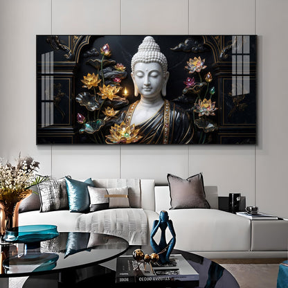 Buddha's Floral Embrace Premium Acrylic Horizontal Wall Art