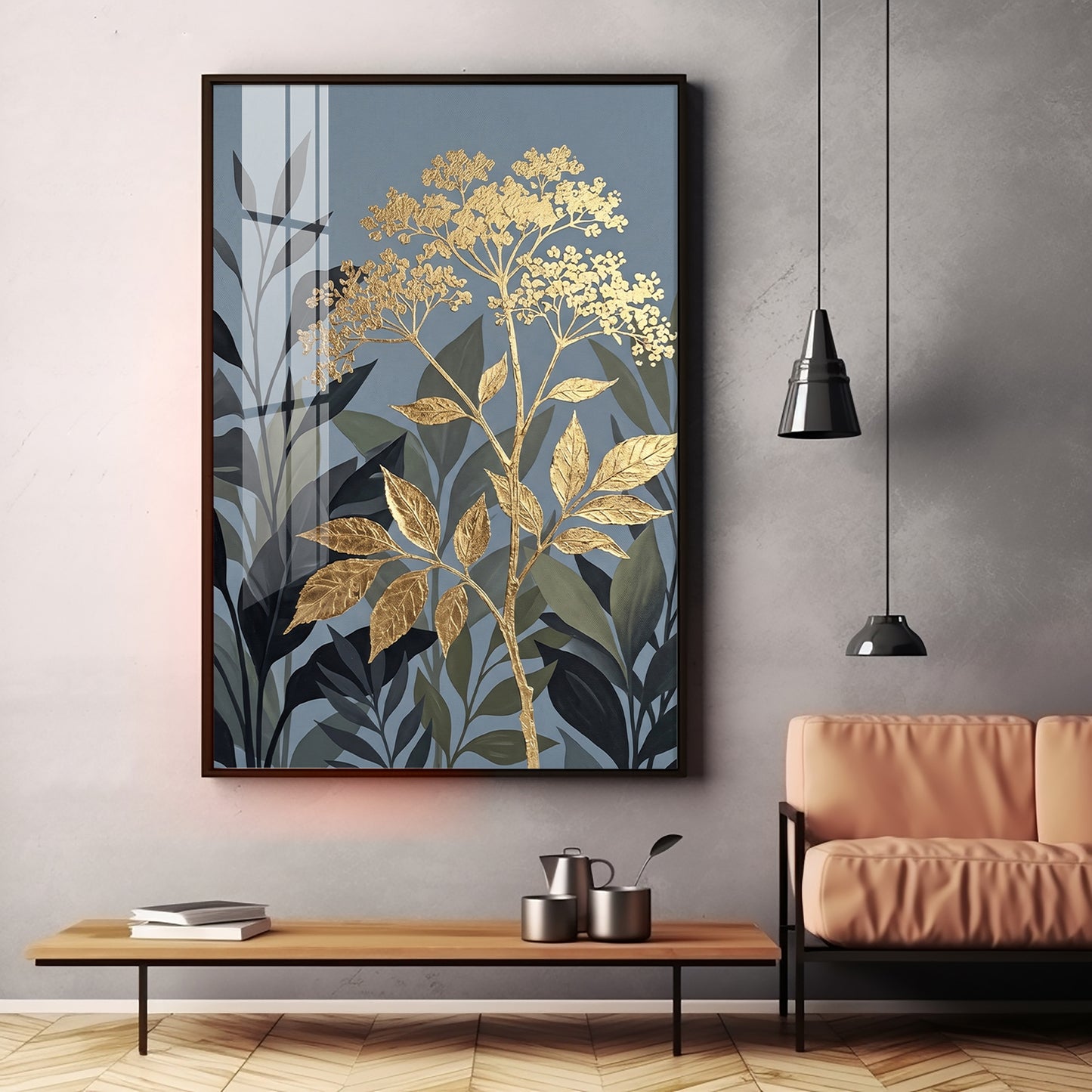 Republic Midnight Blue Botanical Leaves Premium Acrylic Vertical Wall Art