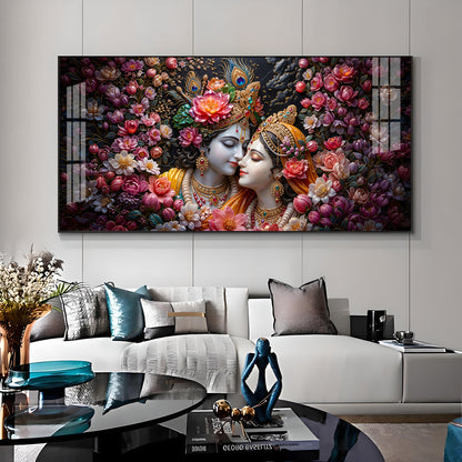 Floral Radha Krishna With Beautiful Background Premium Acrylic Horizontal Wall Art