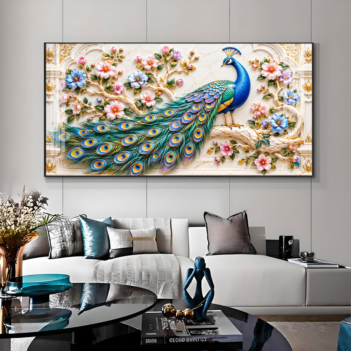Majestic Peacock Floral Premium Acrylic Horizontal Wall Art