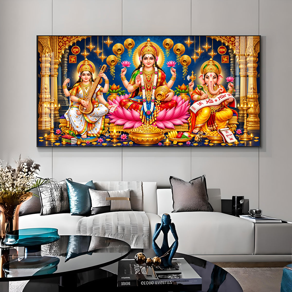 Maa Lakshmi, Ganesha and Saraswati Premium Acrylic Horizontal Wall Art
