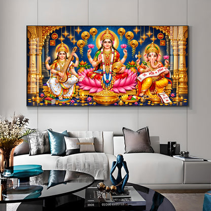 Maa Lakshmi, Ganesha and Saraswati Premium Acrylic Horizontal Wall Art