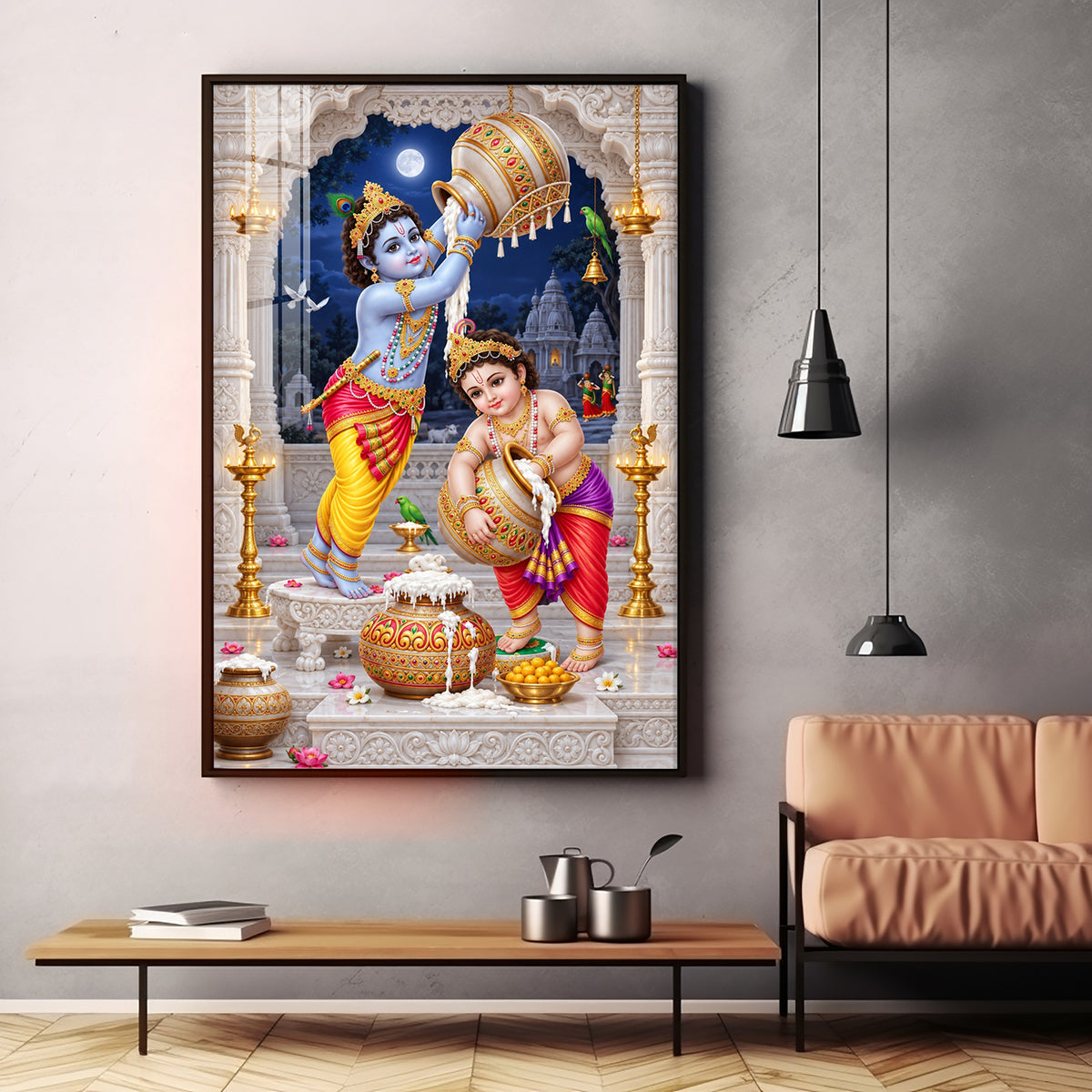 Little Krishna Balaram Makhan Chori Premium Acrylic Vertical Wall Art