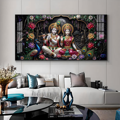 Radha Krishna Ji With Peacock Premium Acrylic Horizontal Wall Art