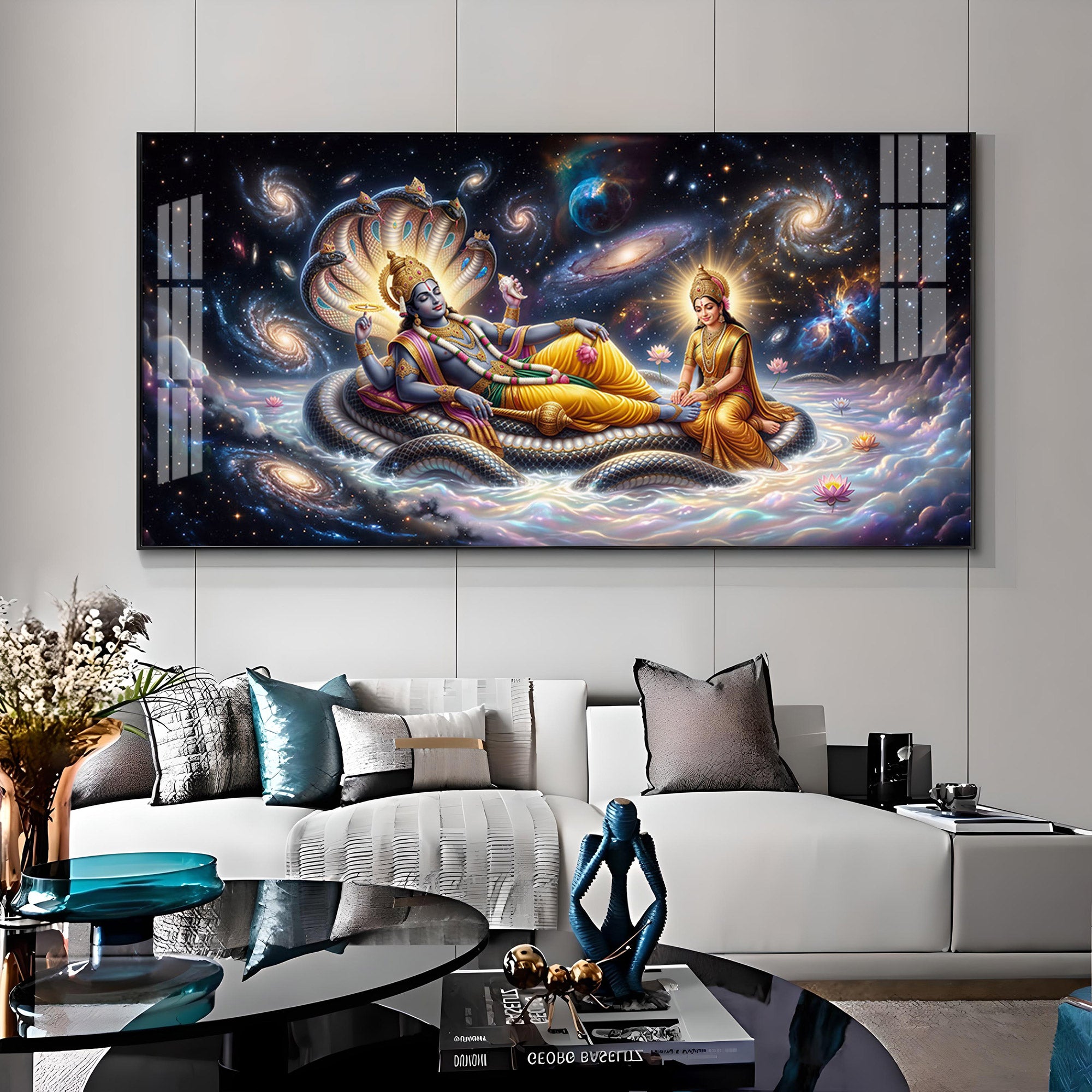 Lord Vishnu , Goddess Lakshmi With Serpent Shesha Premium Acrylic Horizontal Wall Art