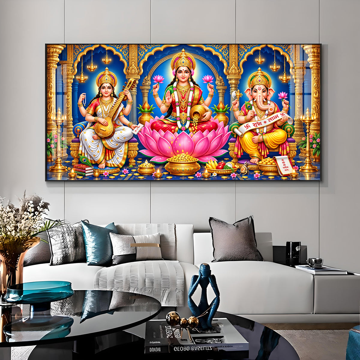 Maa Lakshmi, Saraswati & Ganesha Premium Acrylic Horizontal Wall Art