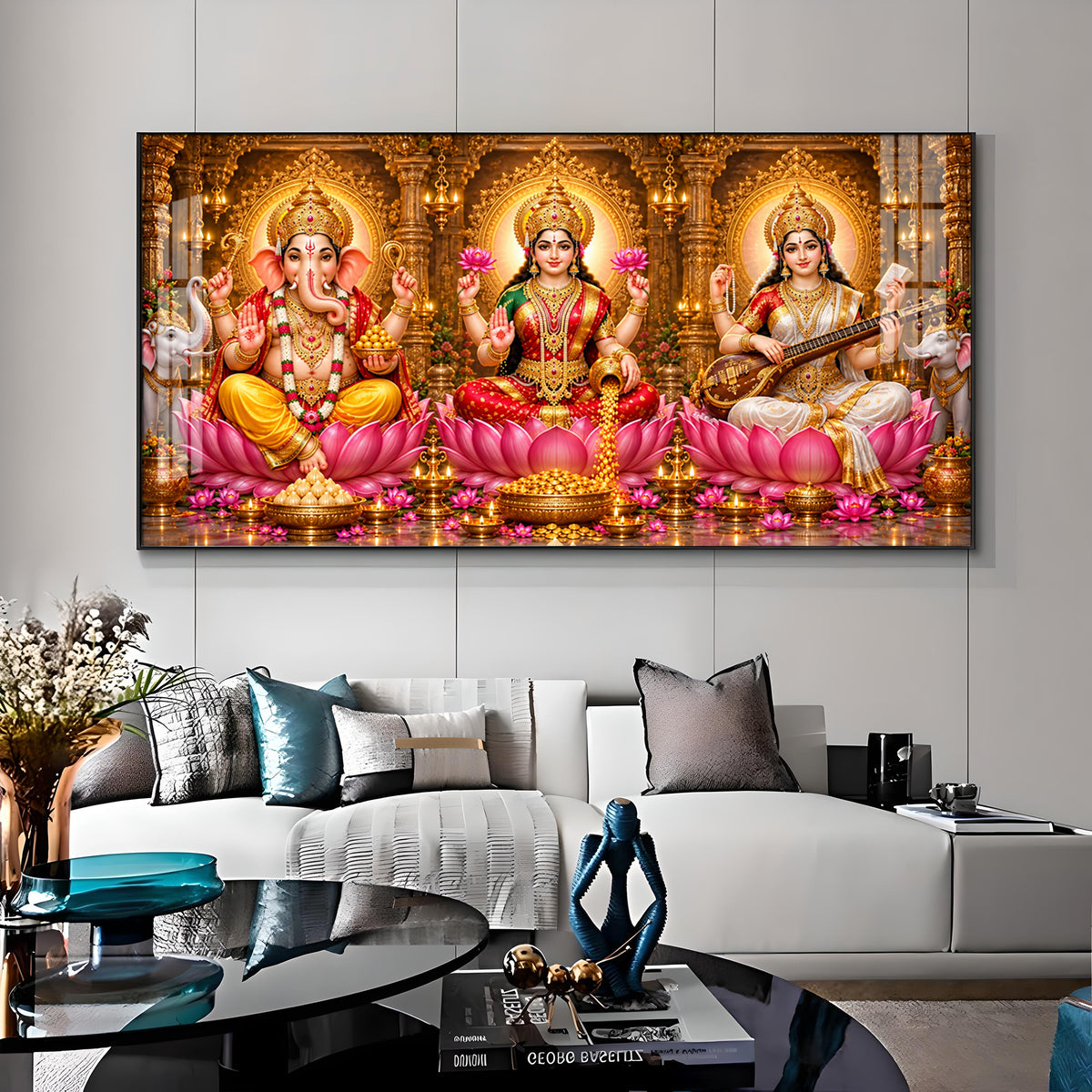 Lord Ganesha, Goddess Lakshmi & Goddess Saraswati Premium Acrylic Horizontal Wall Art