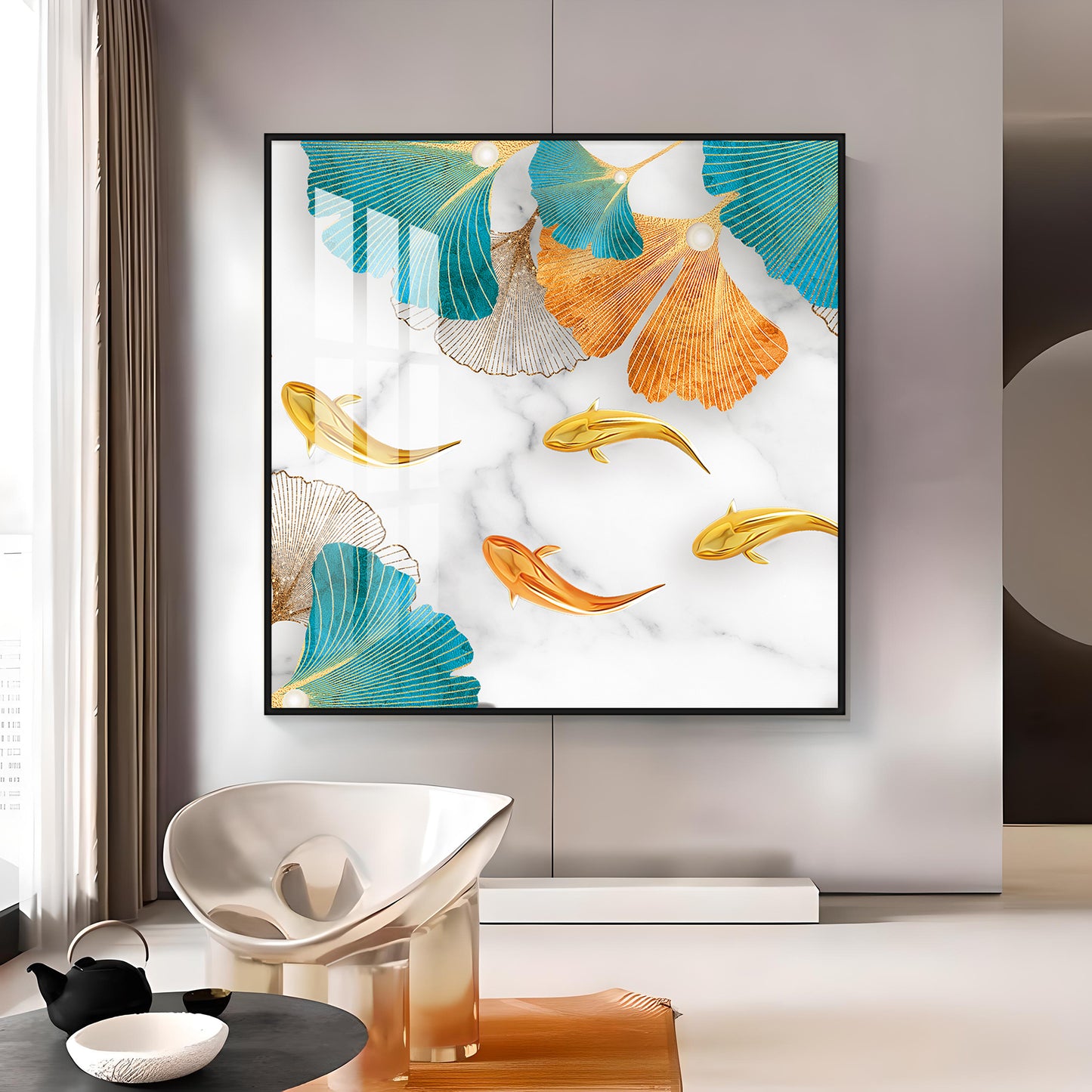 Fishes With Blue & Golden Leaf Premium Acrylic Square Wall Art