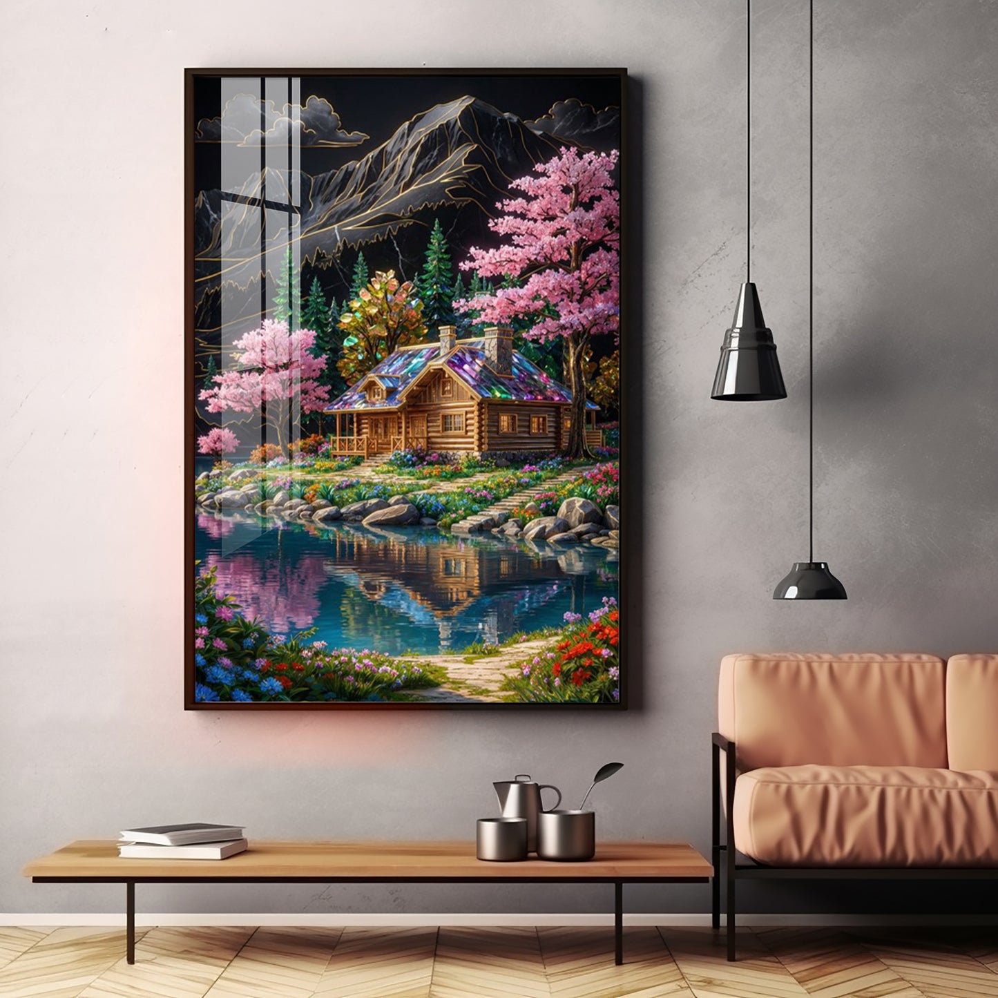 Water & Colorful Floral Landscaping Premium Acrylic Vertical Wall Art