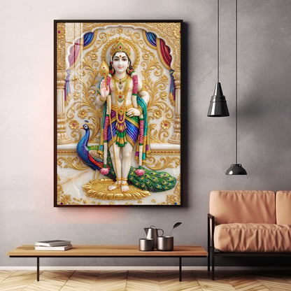 Lord Murugan With Peacock Premium Acrylic Vertical Wall Art