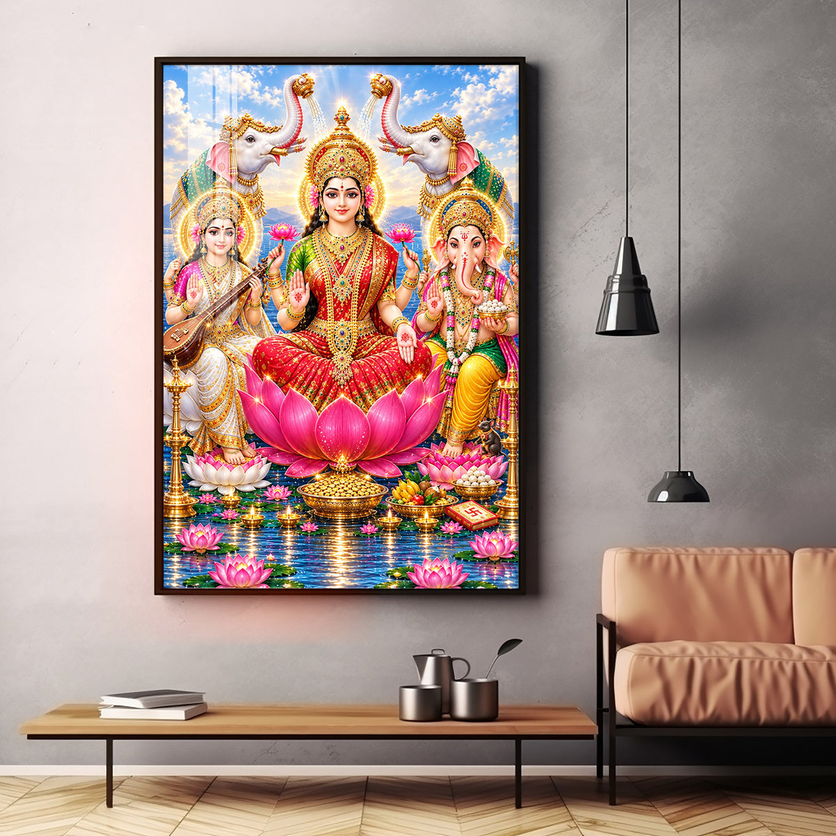 Maa Lakshmi, Saraswati & Ganesha Premium Acrylic Vertical Wall Art