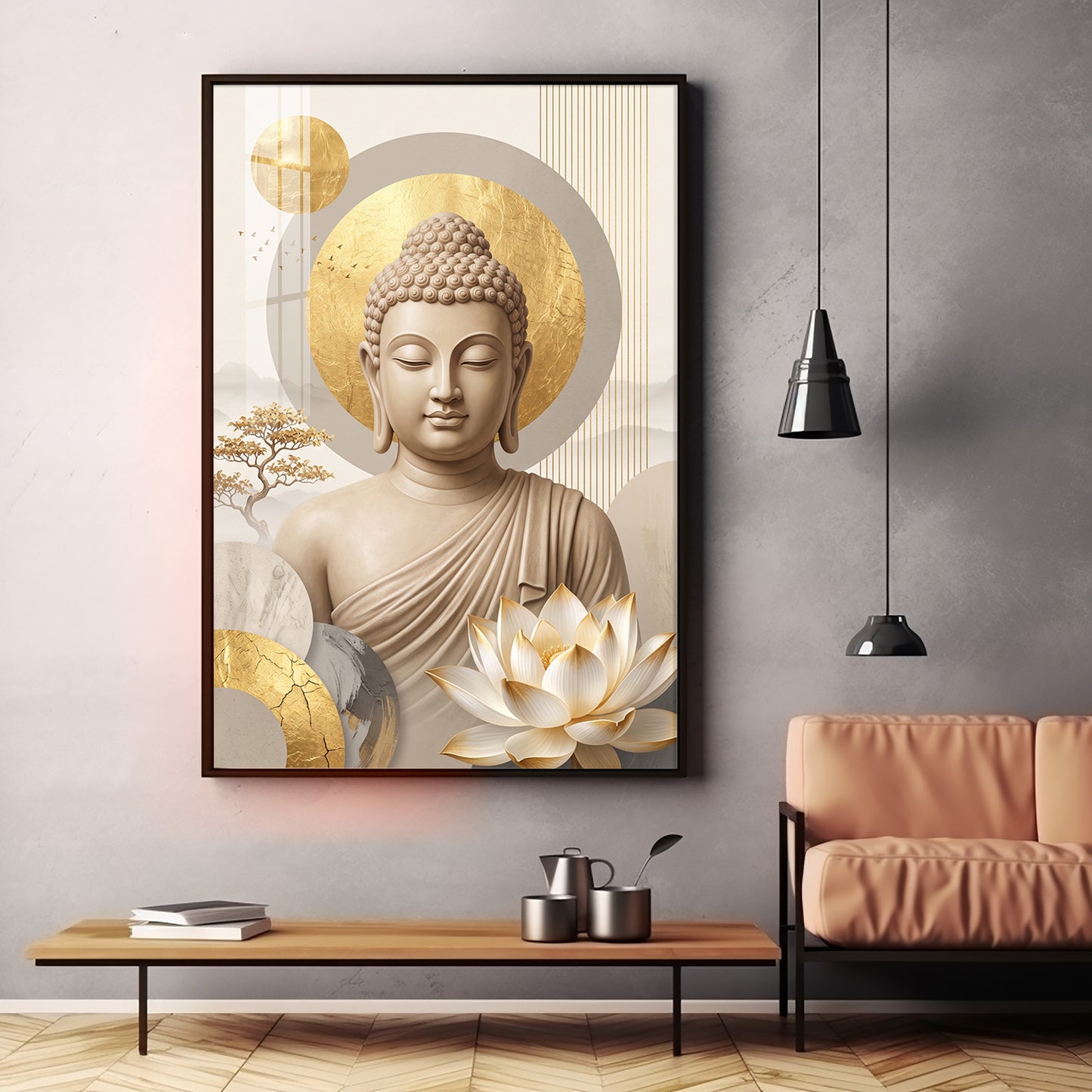 Tranquil Lord Buddha With Golden Halo & Lotus Abstract Premium Acrylic Wall art