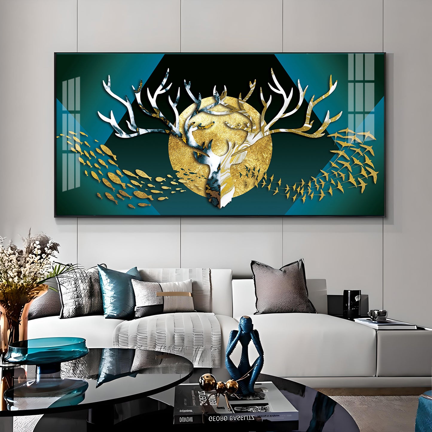 Deer Surrounded By Fish & Birds Premium Acrylic Horizontal Wall Art