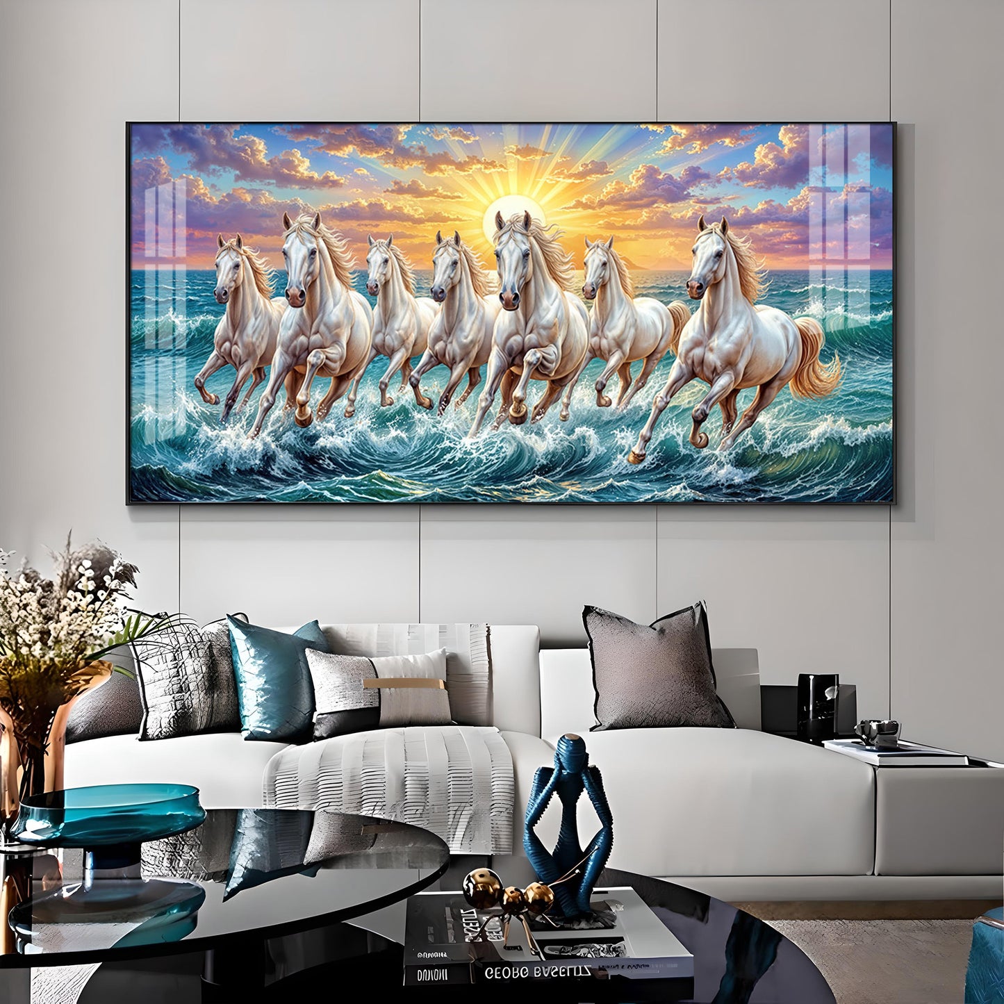 7 Running Horses Galloping Across Water Premium Acrylic Horizontal Wall Art