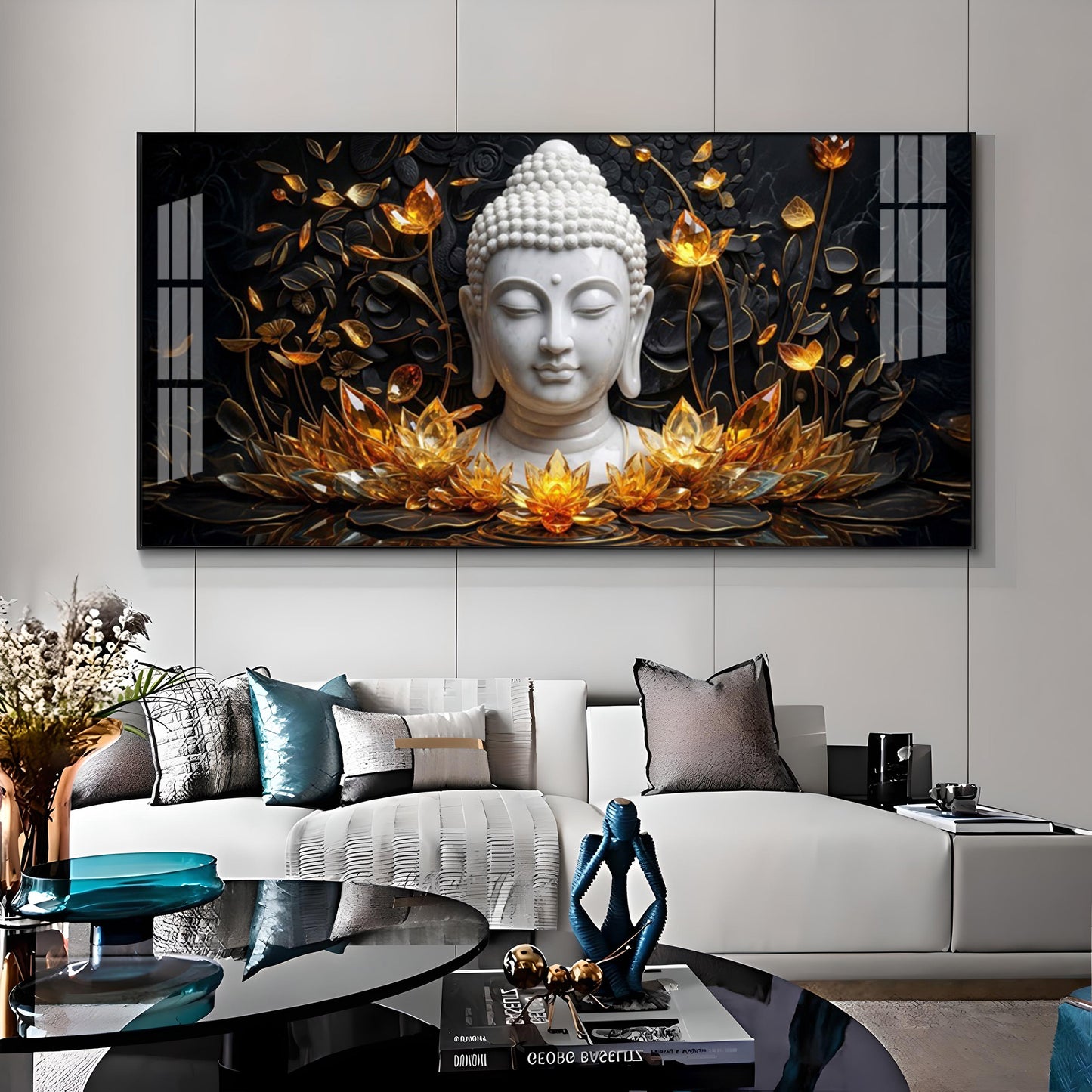Gold Flower Meditating Buddha Premium Acrylic Horizontal Wall Art