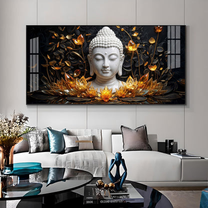 Gold Flower Meditating Buddha Premium Acrylic Horizontal Wall Art