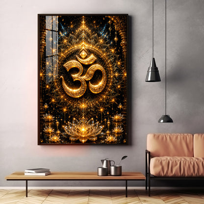 Golden Om Symbol Premium Acrylic Vertical Wall Art