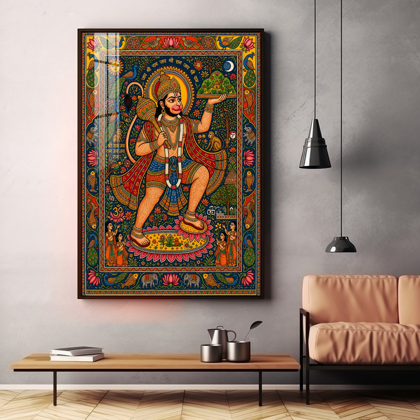 Madhubani Lord Hanuman Premium Acrylic Vertical Wall Art
