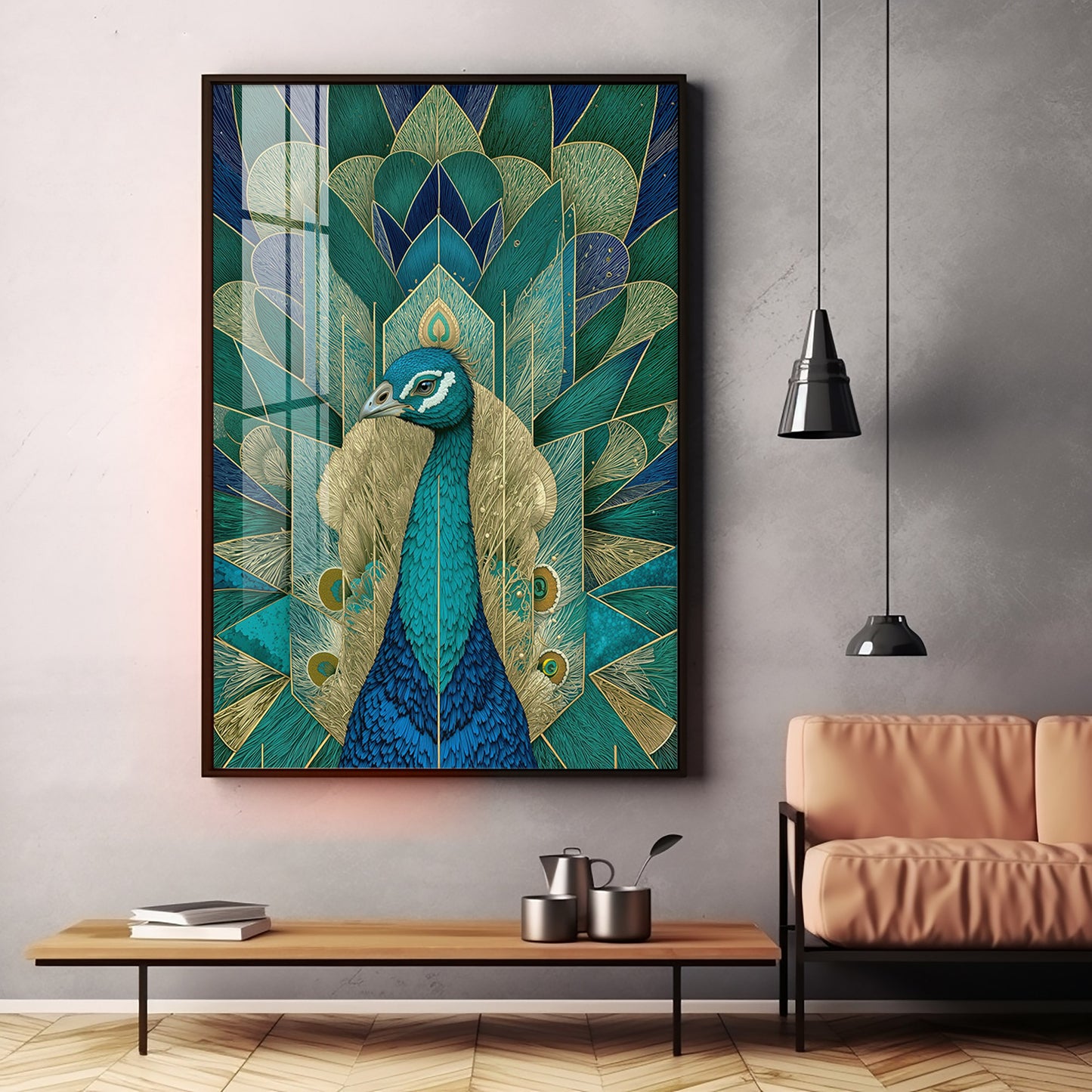 Elegant Teal Peacock Premium Acrylic Vertical Wall Art