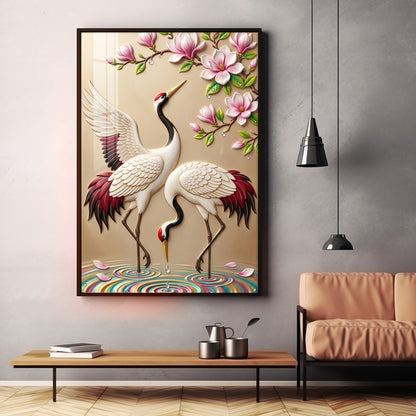 Dancing Cranes & Cherry Blossom Premium Acrylic Vertical Wall Art