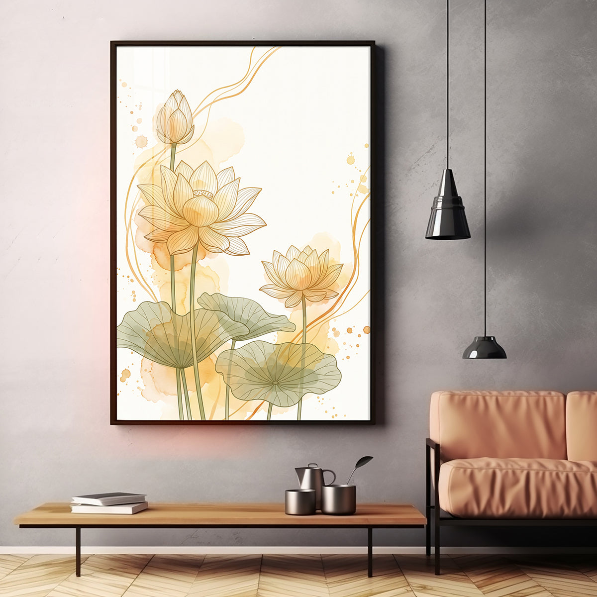 Golden Lotus Line Art Premium Acrylic Vertical Wall Art