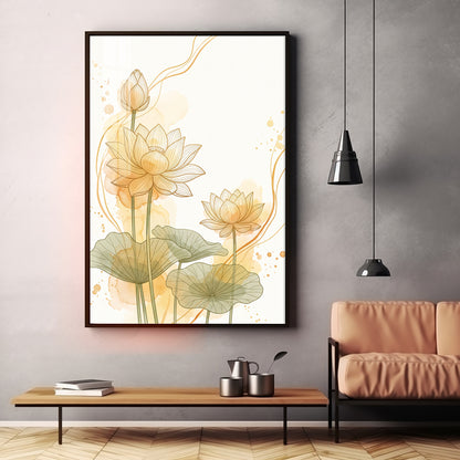 Golden Lotus Line Art Premium Acrylic Vertical Wall Art