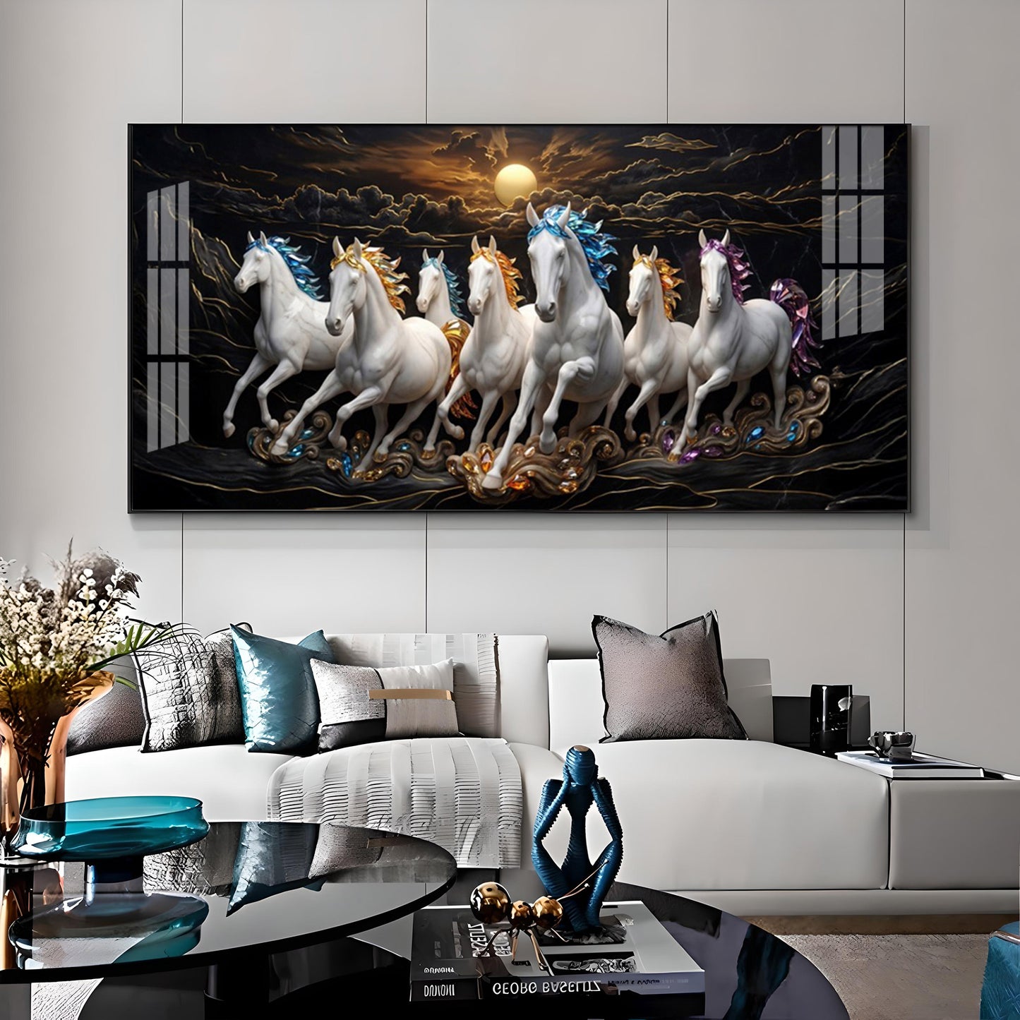 White Seven Running Vastu Lucky Horses Premium Acrylic Horizontal Wall Art
