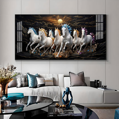 White Seven Running Vastu Lucky Horses Premium Acrylic Horizontal Wall Art