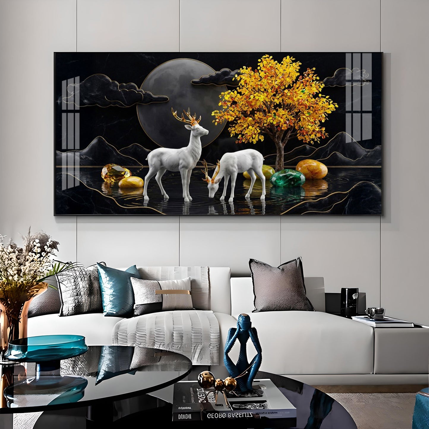 White Deer With Golden Horns Premium Acrylic Horizontal Wall Art