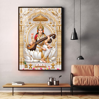 Divine Saraswati Devi Premium Acrylic Vertical Wall Art