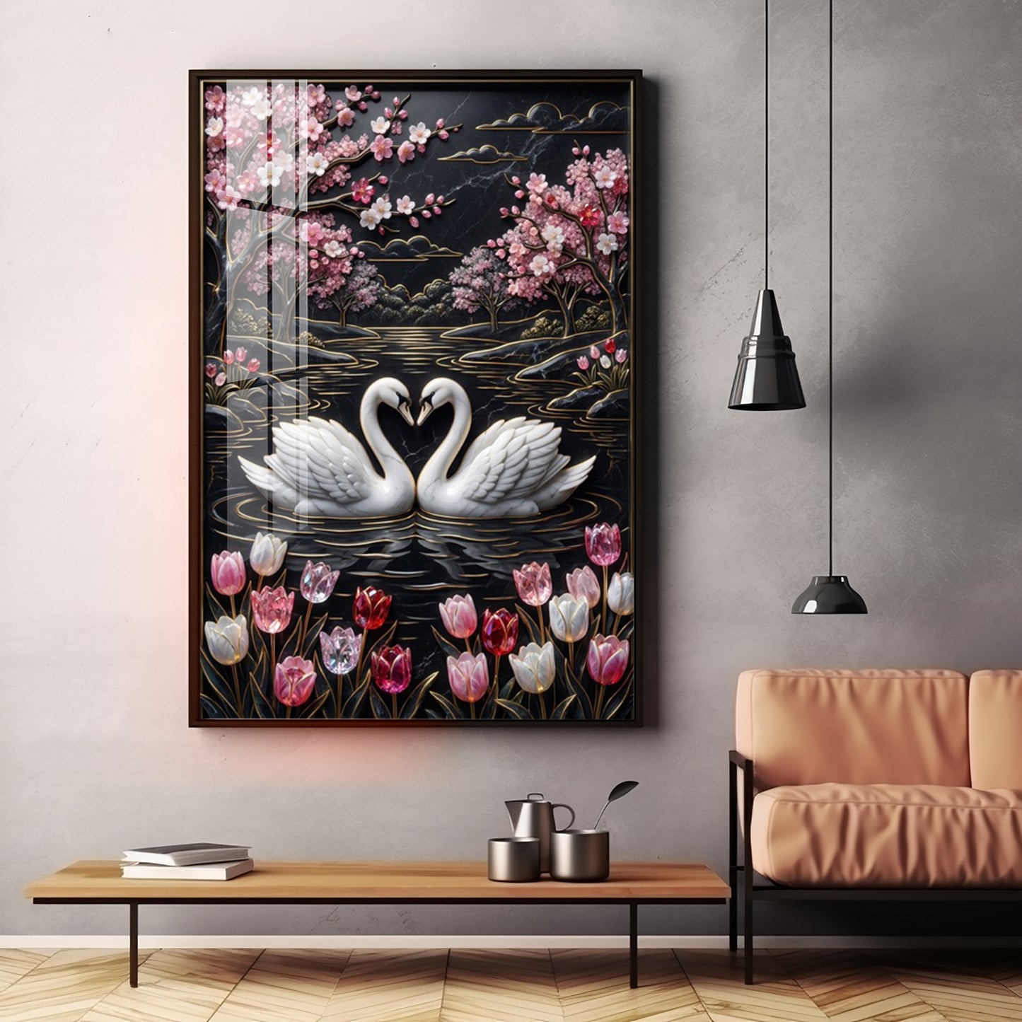 Swan Pair On A Pond Premium Acrylic Vertical Wall Art