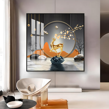 Golden Deer With Elegance Premium Acrylic Square Wall Art